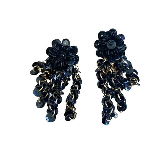 Vintage earrings, black sequin, flower, cluster fringe , pierced - Picture 2 of 4